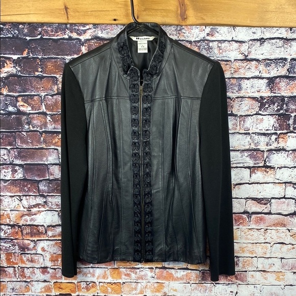 Nygard Black Leather Fabric Mix Embroidered Detailing Sz L Petite - Picture 3 of 9